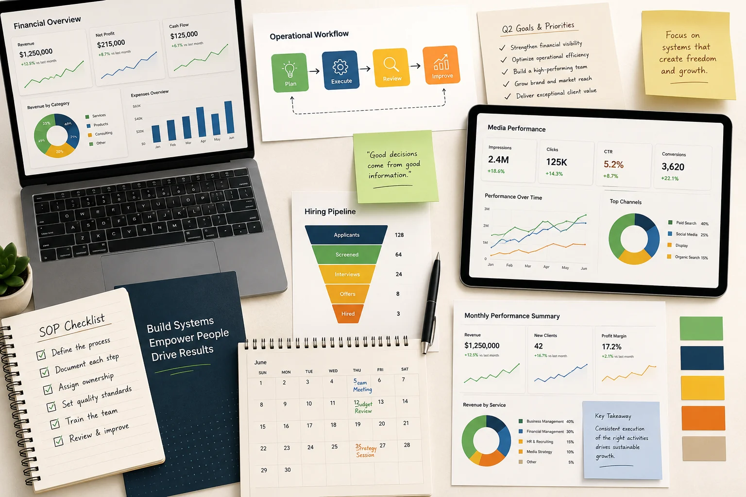 Business planning workspace with financial reports, operational workflows, media performance data, and strategic notes